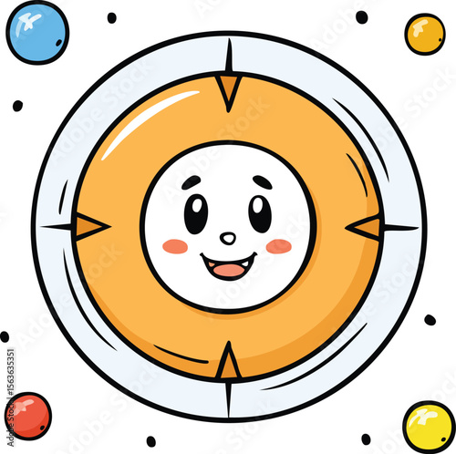 Adorable cartoon illustration depicting a smiling sun with orbiting planets and playful design elements for children's education