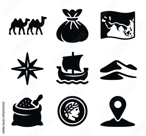 Ancient Trade Route Icons. Solid, filled icons set of ancient trade routes: camel caravan, silk bundle, trade
