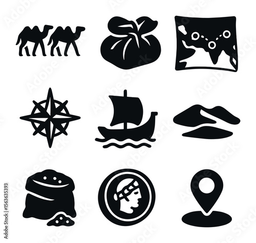 Ancient Trade Route Icons. Solid, filled icons set of ancient trade routes: camel caravan, silk bundle, trade