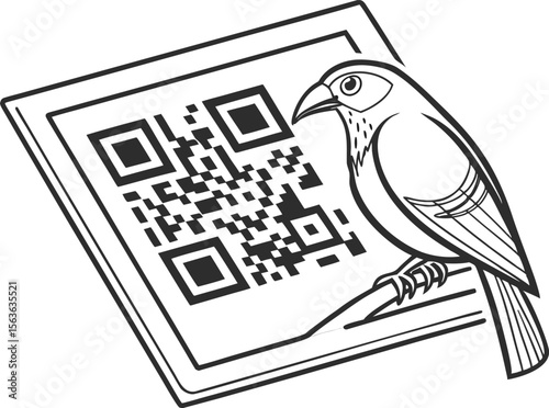Vector illustration of a cute bird perched next to a digital qr code on a white background