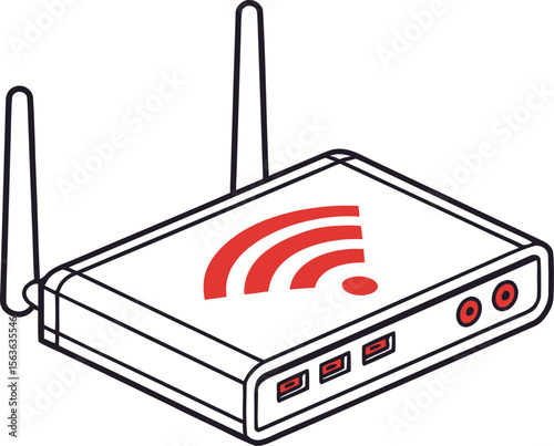 Isolated isometric illustration of a wireless router depicting wi-fi connection signal and data transfer