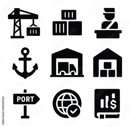 Harbor Trade Icons. Solid, filled icons set of port and harbor trade: dock crane, container yard, customs
