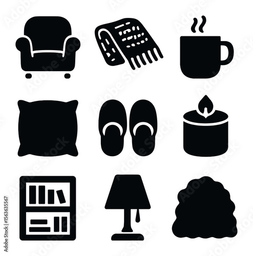 Home Comfort Essentials. Solid, filled icons set of home comfort essentials: cozy armchair, knit blanket,
