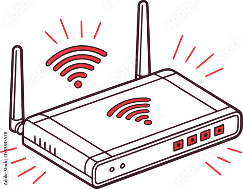 Illustrated modern wireless router showcasing strong wi-fi signal and connectivity for home and office network setups