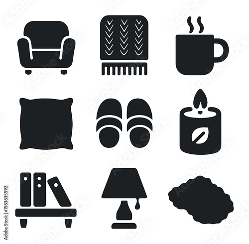 Home Comfort Essentials. Solid, filled icons set of home comfort essentials: cozy armchair, knit blanket,