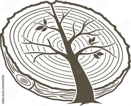 Stylized illustration of a tree within a tree trunk cross section symbolizing growth nature and the environment.