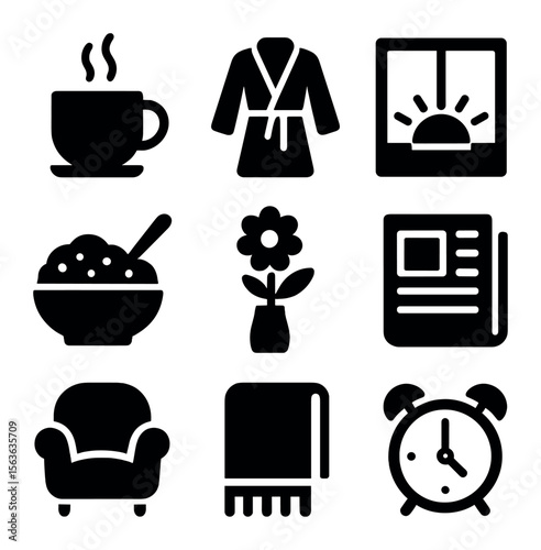 Morning Routine Icons. Solid, filled icons set of calm morning routines: steaming cup, soft robe, sunrise