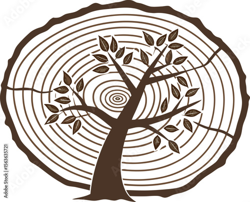 Stylized illustration of a tree growing from a tree trunk cross section with detailed rings and leaves in brown tones.