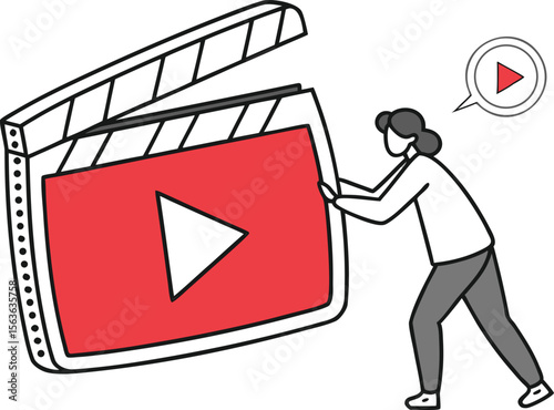 Cartoon illustration of a person activating the play button on a movie clapboard representing video content