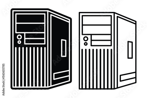 Computer case desktop CPU art silhouette vector line art on white background