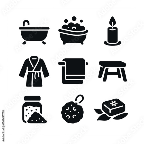 Relaxing Bath Rituals Icons. Solid, filled icons set of relaxing bath rituals: soaking tub, bubble bath, lit