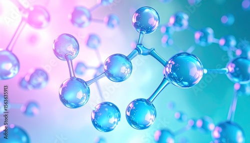 A futuristic, abstract 3D representation of molecular structures in a glowing blue and purple environment.