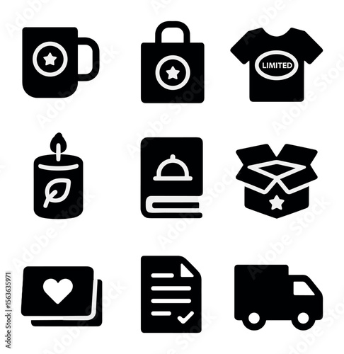Creative Fundraising Icons. Solid, filled icons set of creative product fundraising: custom mug, branded tote,