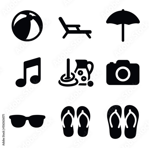 Summer Icon Set. Solid, filled icons set of fun summer activities: beach ball, lawn chair, lemonade pitcher,