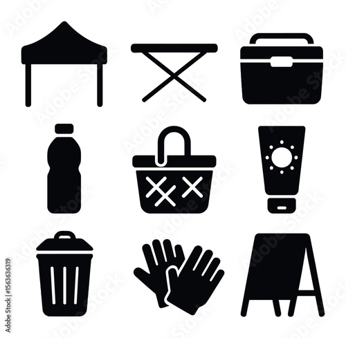 Festival Supply Icons. Solid, filled icons set of outdoor festival supplies: canopy tent, folding table,