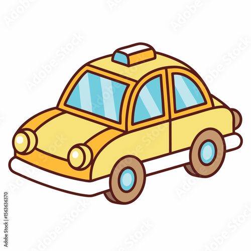 Cute cartoon yellow taxi car with blue windows isolated on white background