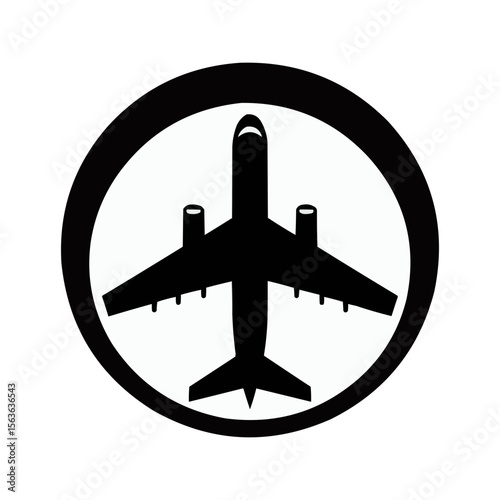 Airplane icon in a black circle showing a commercial plane with wings and tail in a simple design