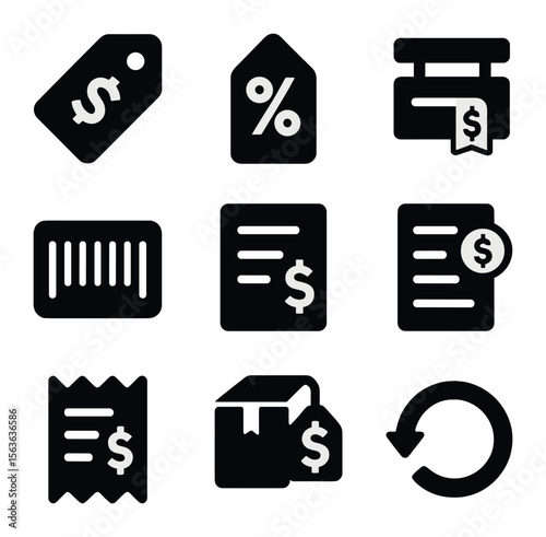 Office Supply Icons. Solid, filled icons set of office and supply pricing: stationery tag, bulk discount label