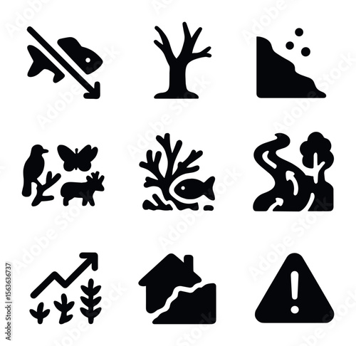 Ecosystem Impact Icons. Solid, filled icons set of ecosystem impact symbols: declining fish, dead tree,