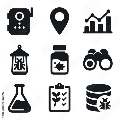 Monitoring Tools Icons. Solid, filled icons set of monitoring and research tools: field camera, GPS tracker,