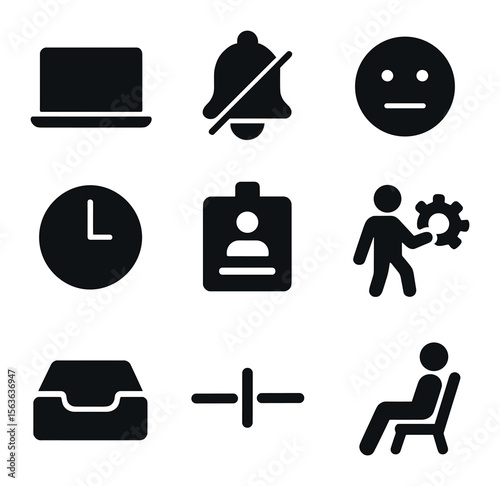 Quiet Quitting Icons. Solid, filled icons set of quiet quitting symbols: closed laptop, muted bell, neutral
