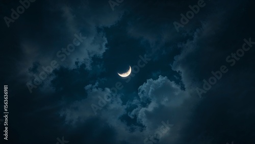 A crescent moon shining brightly amidst a dark blue sky filled with fluffy white clouds at night time