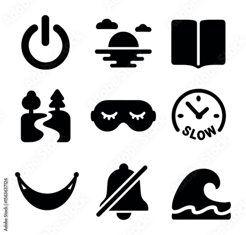 Mindful Unplugging Icons. Solid, filled icons set of mindful unplugging: power off button, sunset view, book