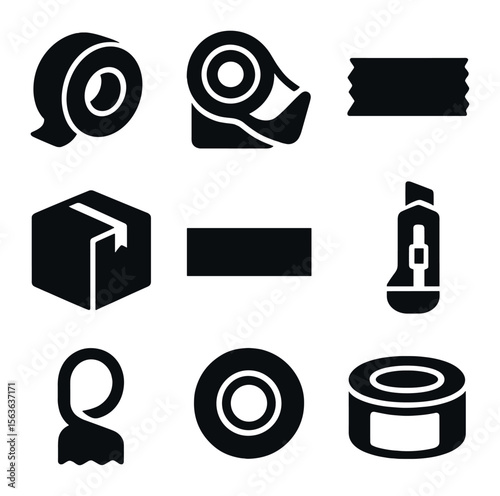Packing Tape Icons. Solid, filled icons set of packing tape rolls: adhesive tape roll, tape dispenser, torn