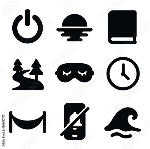 Mindful Unplugging Icons. Solid, filled icons set of mindful unplugging: power off button, sunset view, book