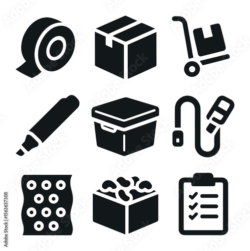 Moving Essentials Icons. Solid, filled icons set of moving and storage essentials: tape roll, moving box,