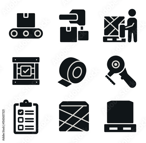 Industrial Packing Icons. Solid, filled icons set of industrial packing processes: conveyor belt, tape sealing