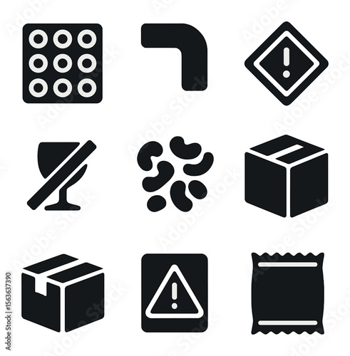 Fragile Packing Icons. Solid, filled icons set of fragile item packing: bubble wrap, foam corner, caution