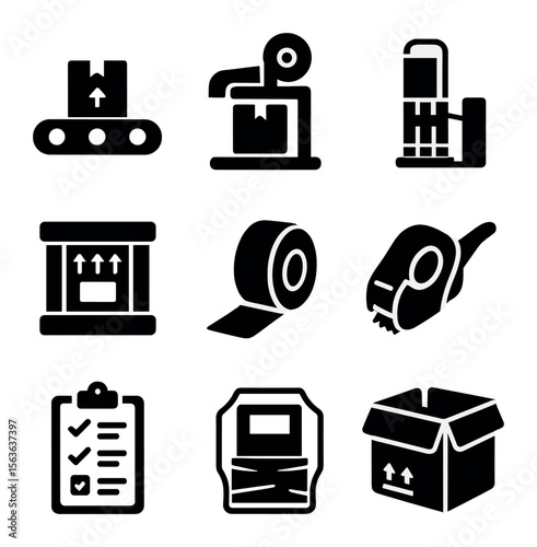 Industrial Packing Icons. Solid, filled icons set of industrial packing processes: conveyor belt, tape sealing