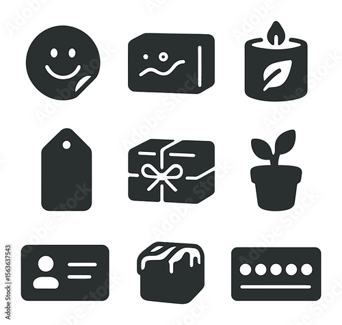 Small Business Icons Set. Solid, filled icons set of small business thank you packages: branded sticker,