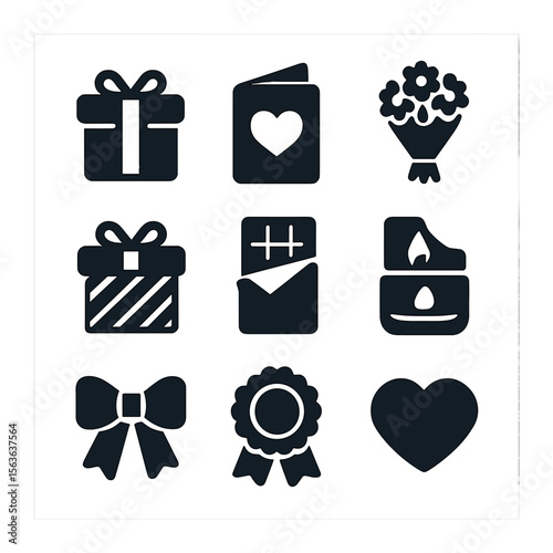 Classic Thank You Icons. Solid, filled icons set of classic thank you gifts: gift box, thank you card, flower