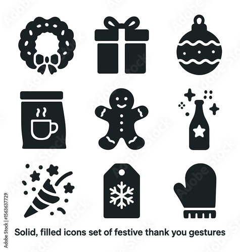 Festive Gesture Icons. Solid, filled icons set of festive thank you gestures: holiday wreath, festive box,