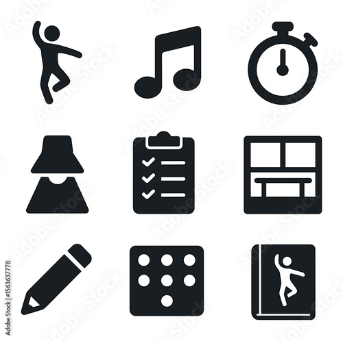 Dance Planning Icons. Solid, filled icons set of dance choreography planning: dancer silhouette, music note,