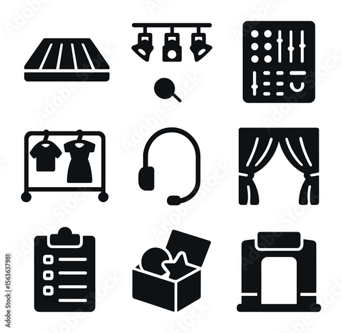 Stage Production Icons. Solid, filled icons set of stage production essentials: stage floor, lighting rig,