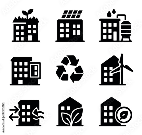 Sustainable Office Icons. Solid, filled icons set of sustainable office buildings: green roof, solar panels,