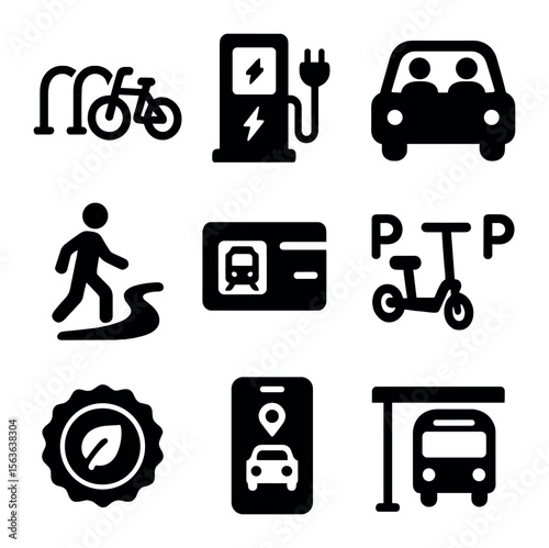 Alternative Transport Icons. Solid, filled icons set of alternative transportation support: bike rack, EV