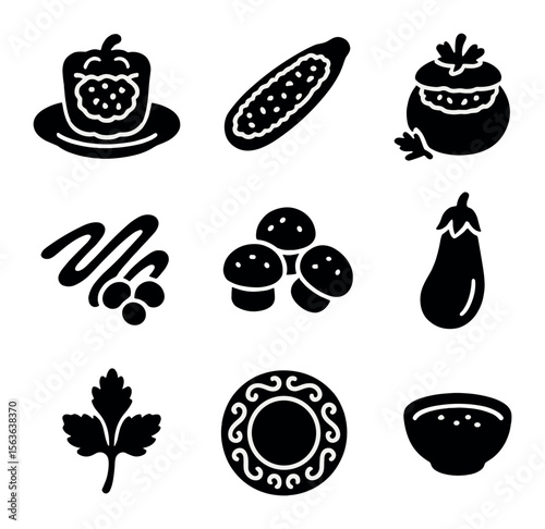 Gourmet Stuffed Vegetable Icons. Solid, filled icons set of gourmet stuffed vegetable platters: plated stuffed