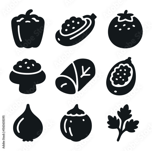Stuffed Vegetable Icons. Solid, filled icons set of stuffed vegetable dishes: stuffed bell pepper, filled