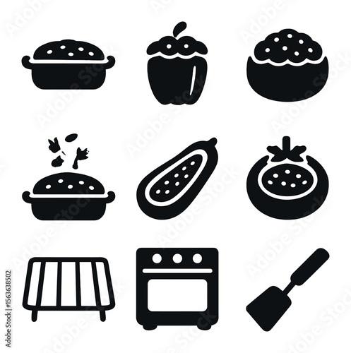 Baked Vegetable Icons. Solid, filled icons set of baked stuffed vegetable dishes: casserole dish, stuffed