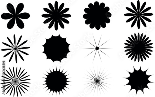 Abstract Starburst and Sunburst Shape Collection – Black Vector Elements Set