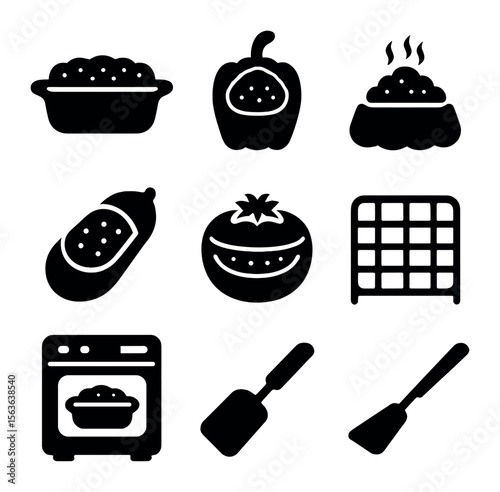 Baked Vegetable Icons. Solid, filled icons set of baked stuffed vegetable dishes: casserole dish, stuffed