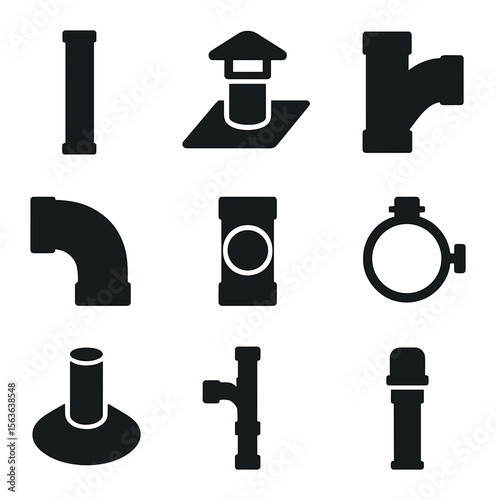Plumbing Components Icons. Solid, filled icons set of plumbing vent pipe components: vertical vent pipe, roof
