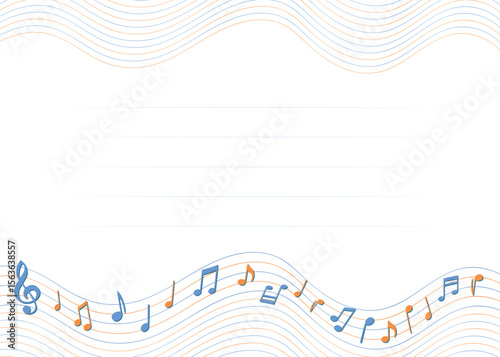 Horizontal musical frame. Musical staff border with notes and space for text. Music themed invitations, stationery, kids certificate, karaoke.