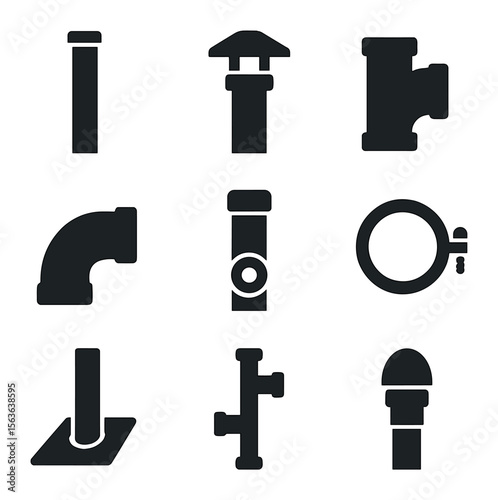 Plumbing Components Icons. Solid, filled icons set of plumbing vent pipe components: vertical vent pipe, roof
