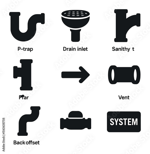 Plumbing Icon Set. Solid, filled icons set of drainage and vent connection: P-trap pipe, drain inlet, vent
