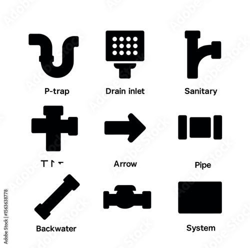 Plumbing Icon Set. Solid, filled icons set of drainage and vent connection: P-trap pipe, drain inlet, vent